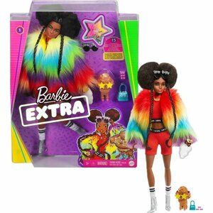 Barbie Extra Doll #1 in Furry Rainbow Coat with Pet Poodle, Brunette Afro-Puffs